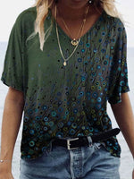 LilyWish Green V-neck Loose Short Sleeve Cute Printed Blouse