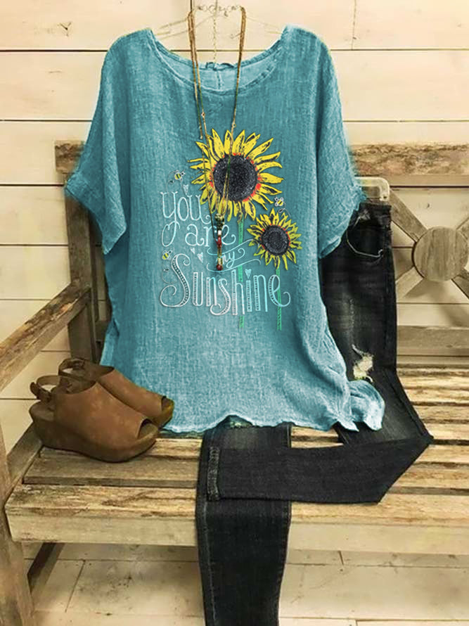 LilyWish Floral Short Sleeve Shift Crew Neck Blouse