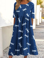 Dark Blue Casual Round Neck Short Sleeve Dragonfly Printed Dresses
