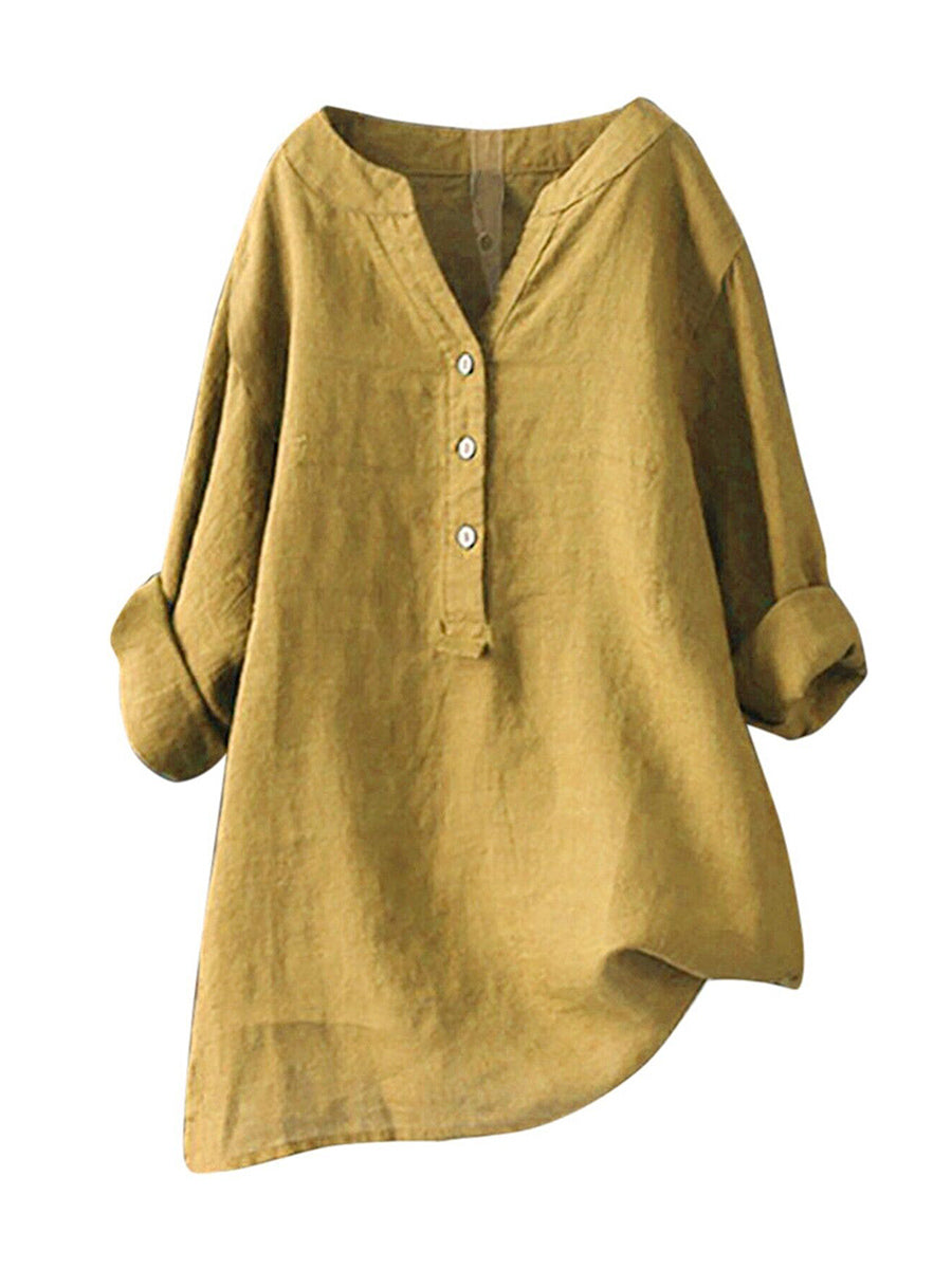 LilyWish Standing Collar Solid Color Button Up Long Sleeve Top