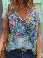 Floral V-Neckline Short Sleeve Blouses