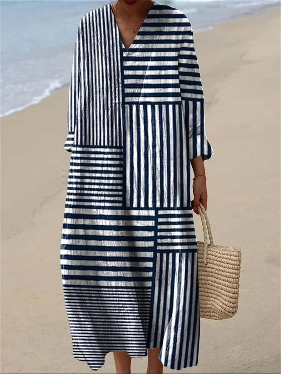 LilyWish Stripe Print V-neck Long Sleeve Loose Maxi Dress
