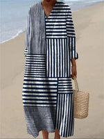 LilyWish Stripe Print V-neck Long Sleeve Loose Maxi Dress