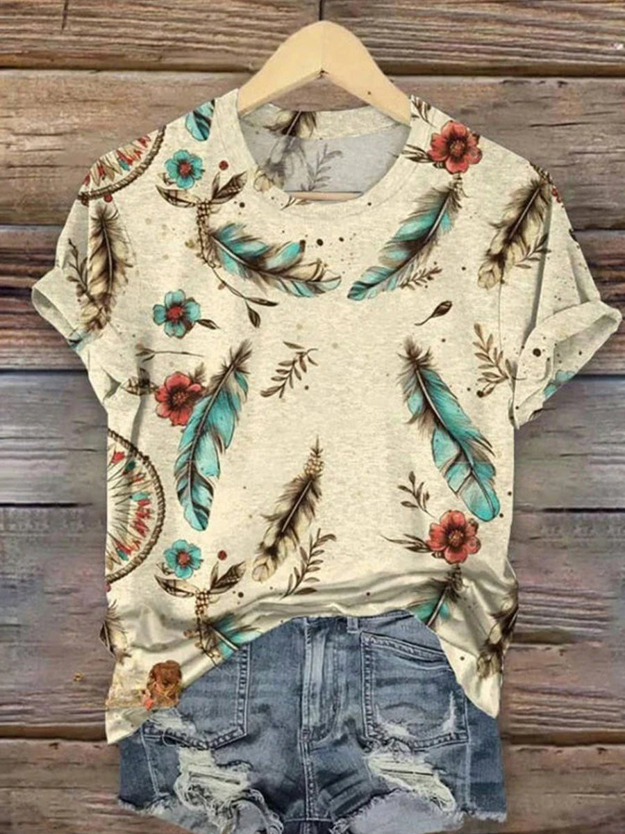 LilyWish Vintage Floral Print Round Neck Short Sleeve T-Shirt