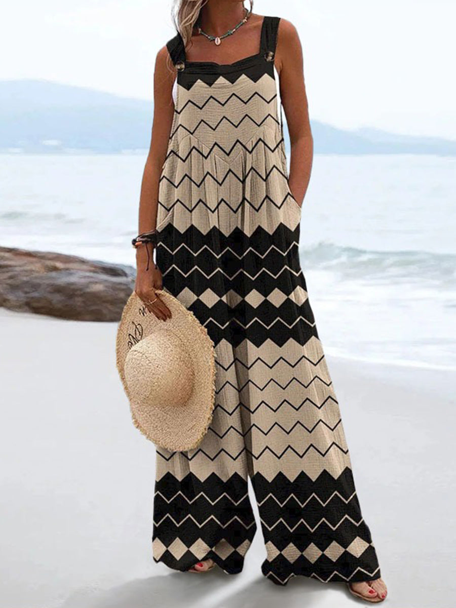 Geometric Fringe Print Casual Wide Leg Jumpsuit