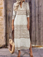 LilyWish Retro Elegant Striped Splicing Long Sleeve Slit Dress