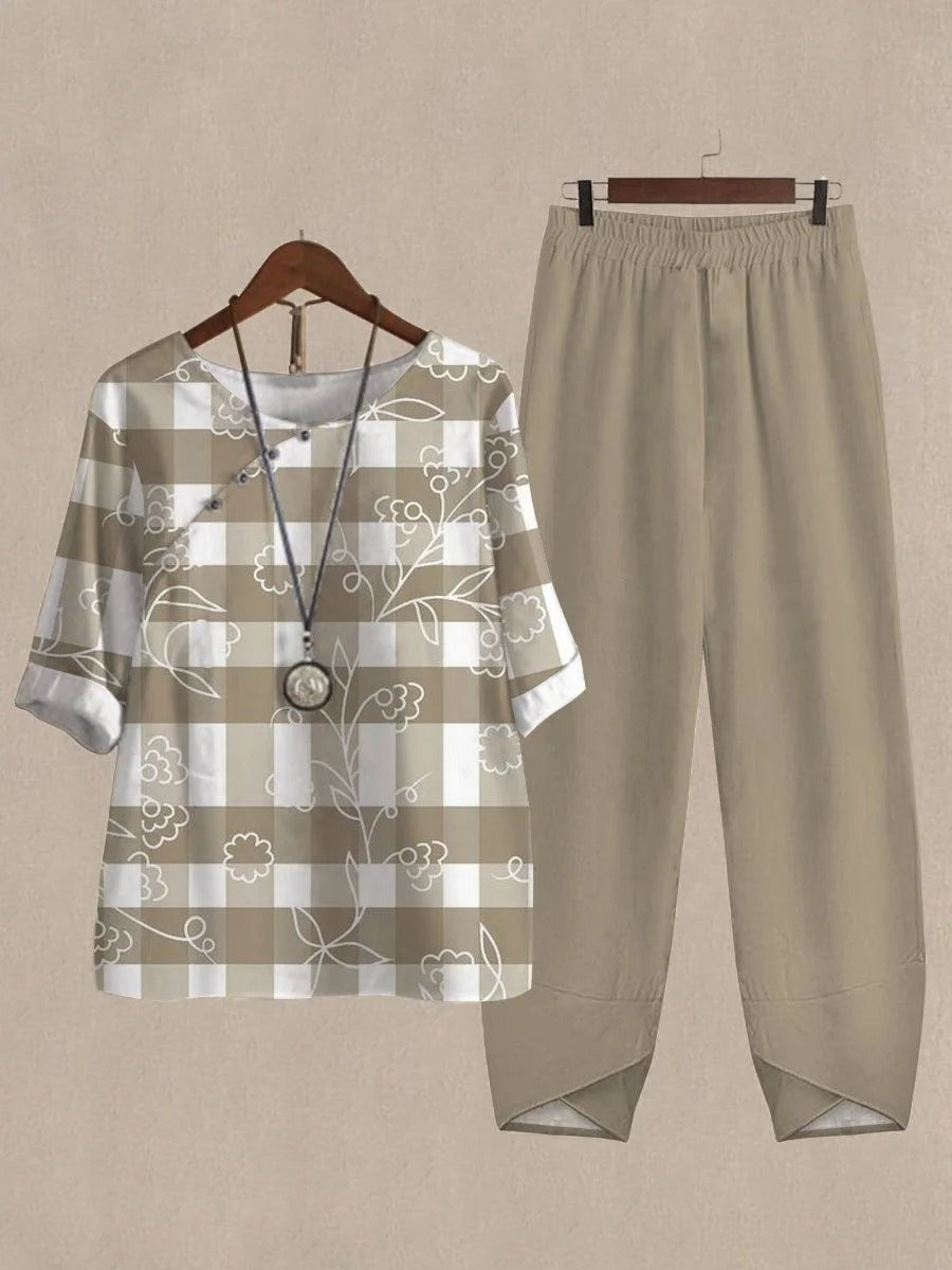 LilyWish Khaki Casual Plaid Floral Printed Half Sleeve Two Piece Sets