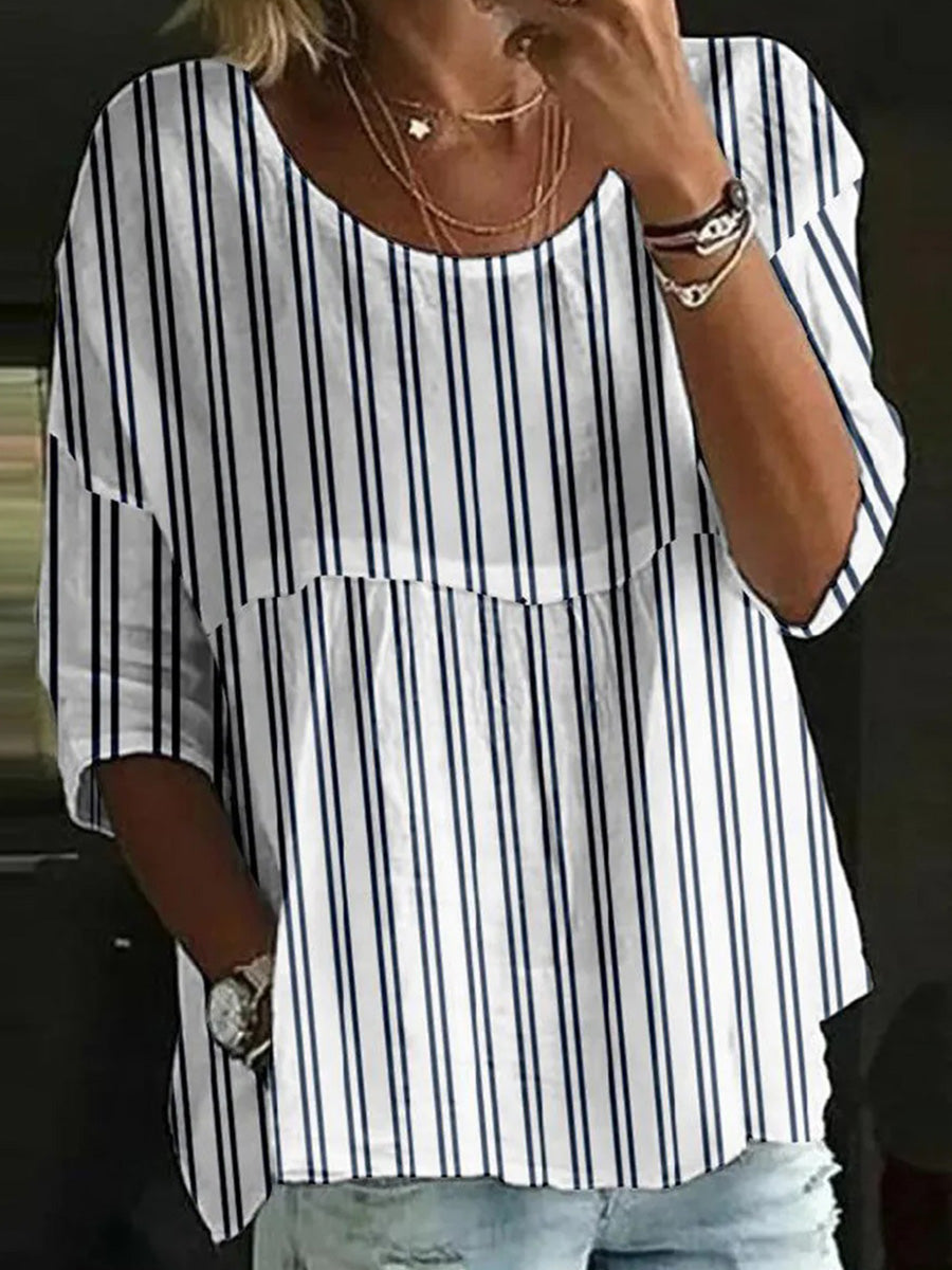 LilyWish Comfy Round Neck 3/4 Sleeve Striped Top