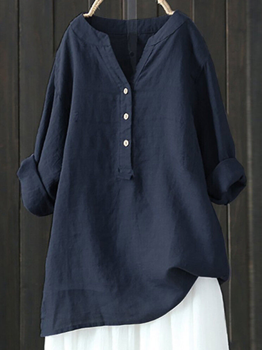 LilyWish Standing Collar Solid Color Button Up Long Sleeve Top