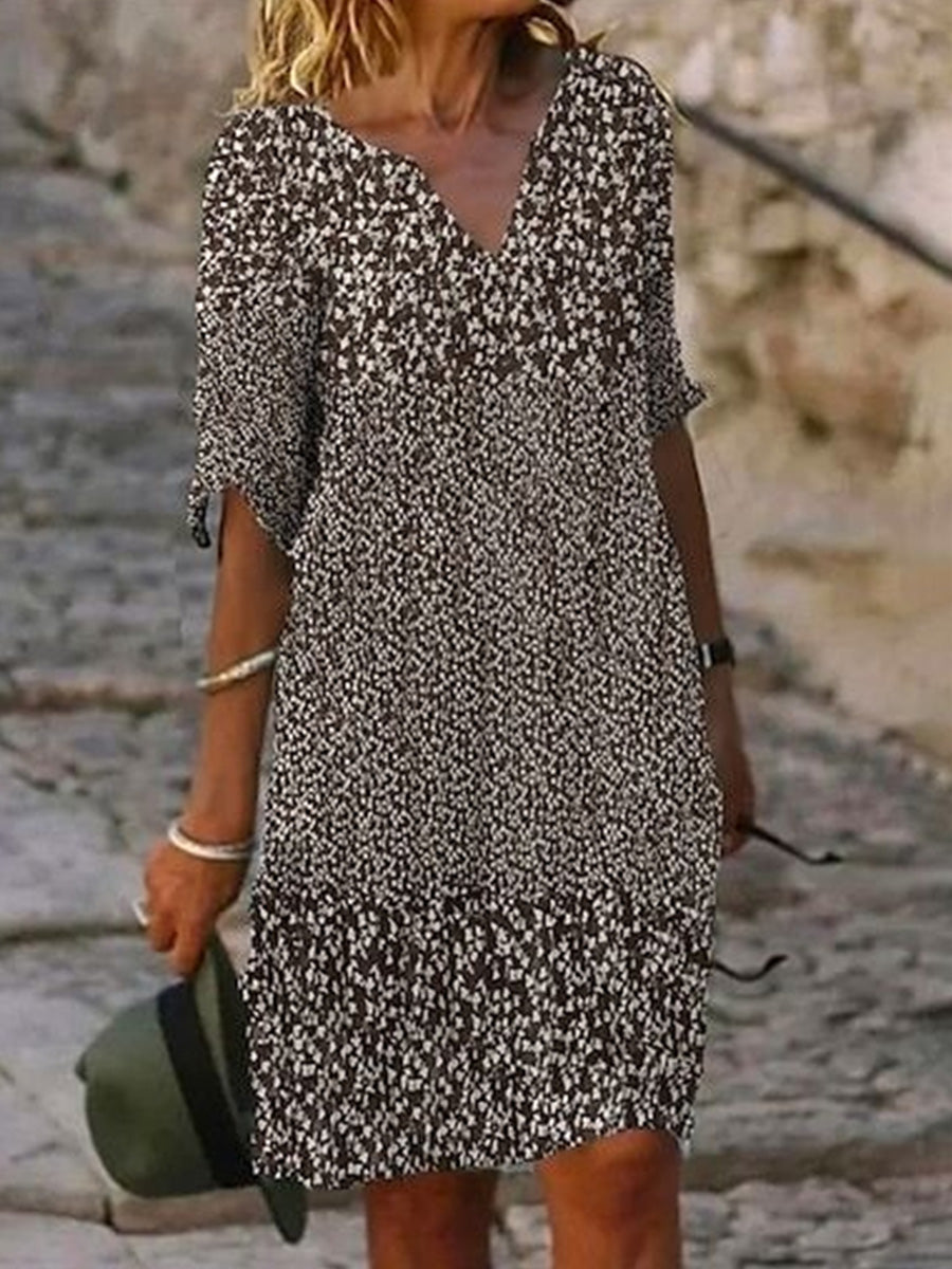LilyWish Floral Print V Neck Half Sleeve H-Line Casual Mini Dress