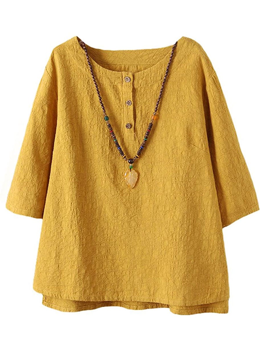 Solid Buttons Casual Round Neck 3/4 Sleeve Blouse