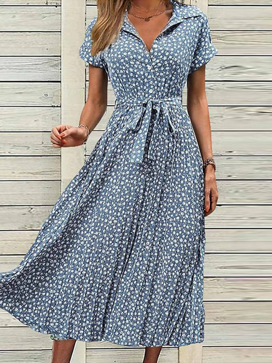 Elegant Shirt Collar Short Sleeve Floral Midi Dress