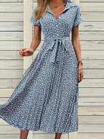 Elegant Shirt Collar Short Sleeve Floral Midi Dress