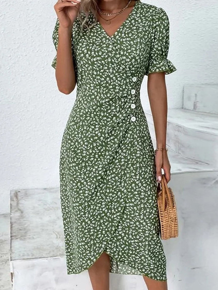 Women¡¯s Floral Print V-Neck Short Sleeve Side Button Midi Dress
