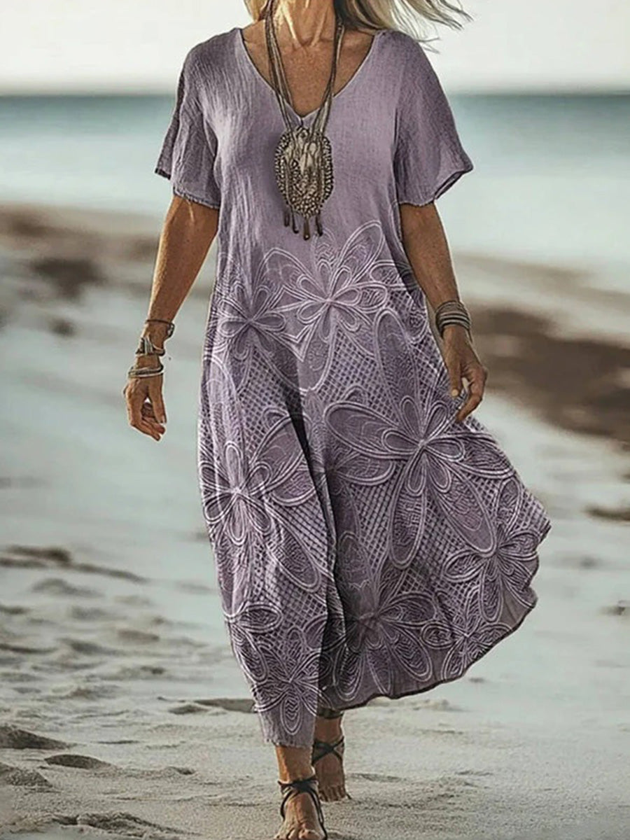 LilyWish Vintage Floral Print V-neck Short Sleeve Dress