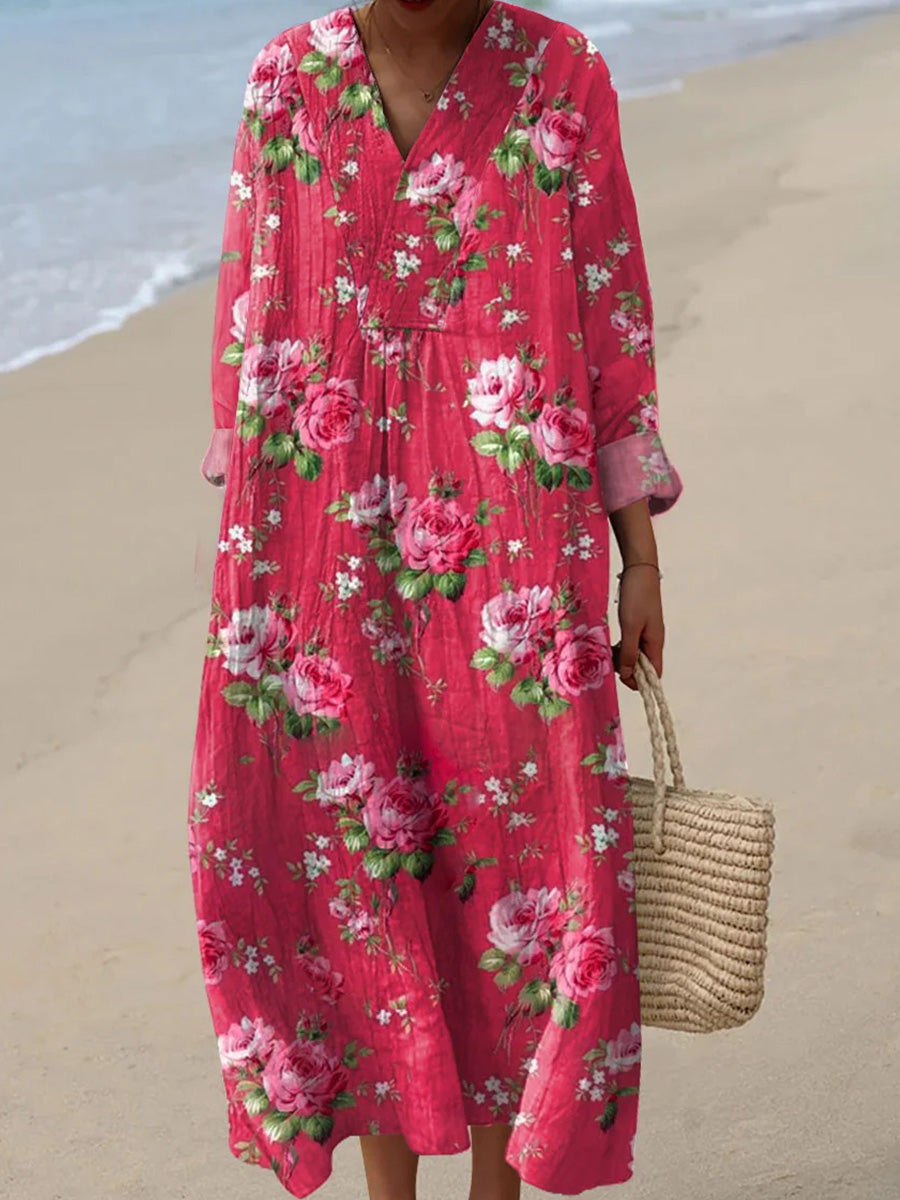 LilyWish Vintage Floral Art Print Casual V-neck Long Sleeve Dress