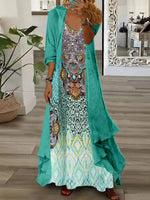 Women's Long Sleeve V-neck Graphic Printed Two Pieces Maxi Dress