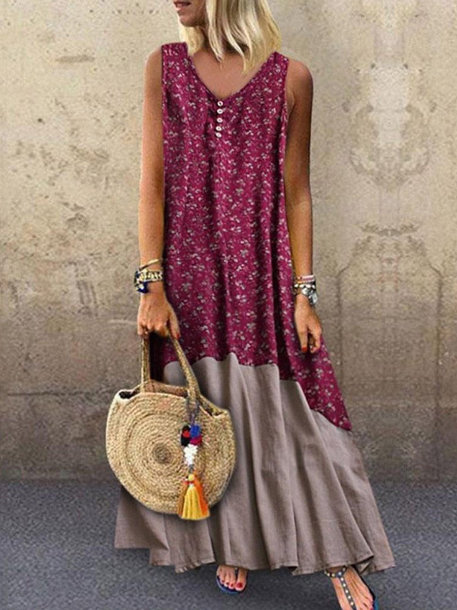 Floral Print Patchwork V-neck Sleeveless Maxi Dress