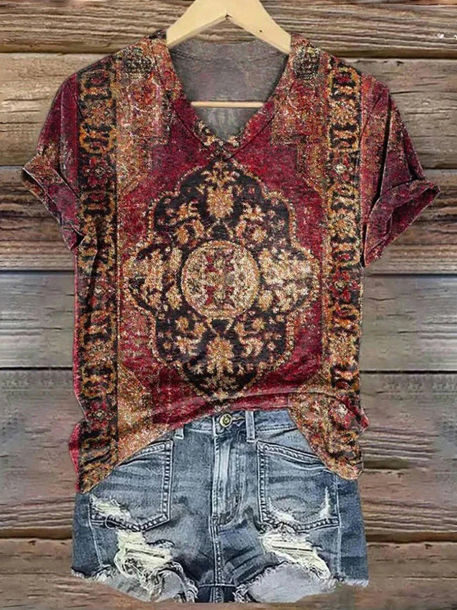 LilyWish Vintage Ethnic Print V-neck Short Sleeve T-Shirt