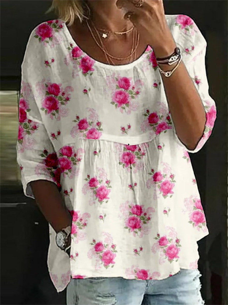 LilyWish Vintage Floral Print Crew Neck Half Sleeve T-Shirt