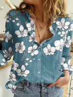 Blue Casual Stand Collar Floral Printed Long Sleeve Blouse