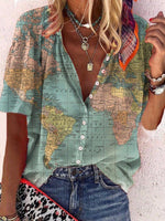 LilyWish Green Casual V Neck Printed Short Sleeve Blouse