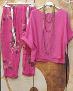 Blue Printed Comfortable Loose 3/4 Sleeve Two Piece Suit