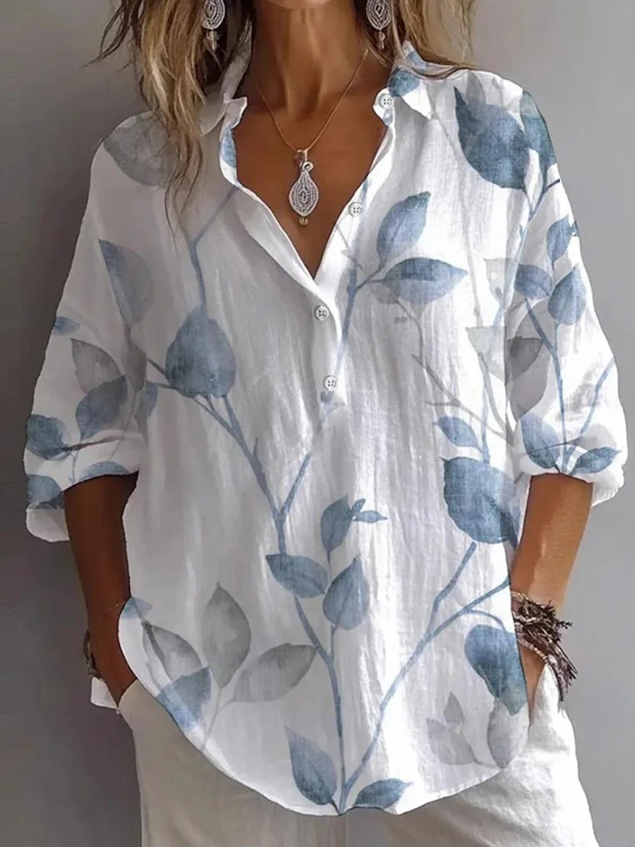 LilyWish Fresh Plant Print Collared Long Sleeve Top