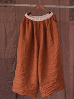 LilyWish Vintage Orange Pockets Elastic Waist Linen Pants Summer