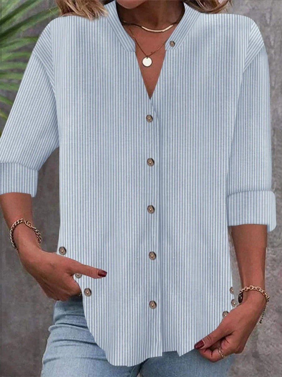 LilyWish Striped Notched Long Sleeve Regular Loose Shirt