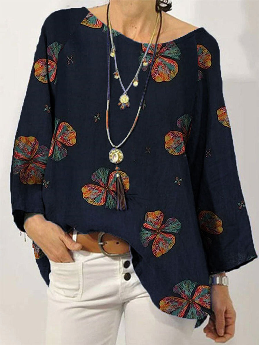 LilyWish Colorful Floral Print Crew Neck Long Sleeve Blouse
