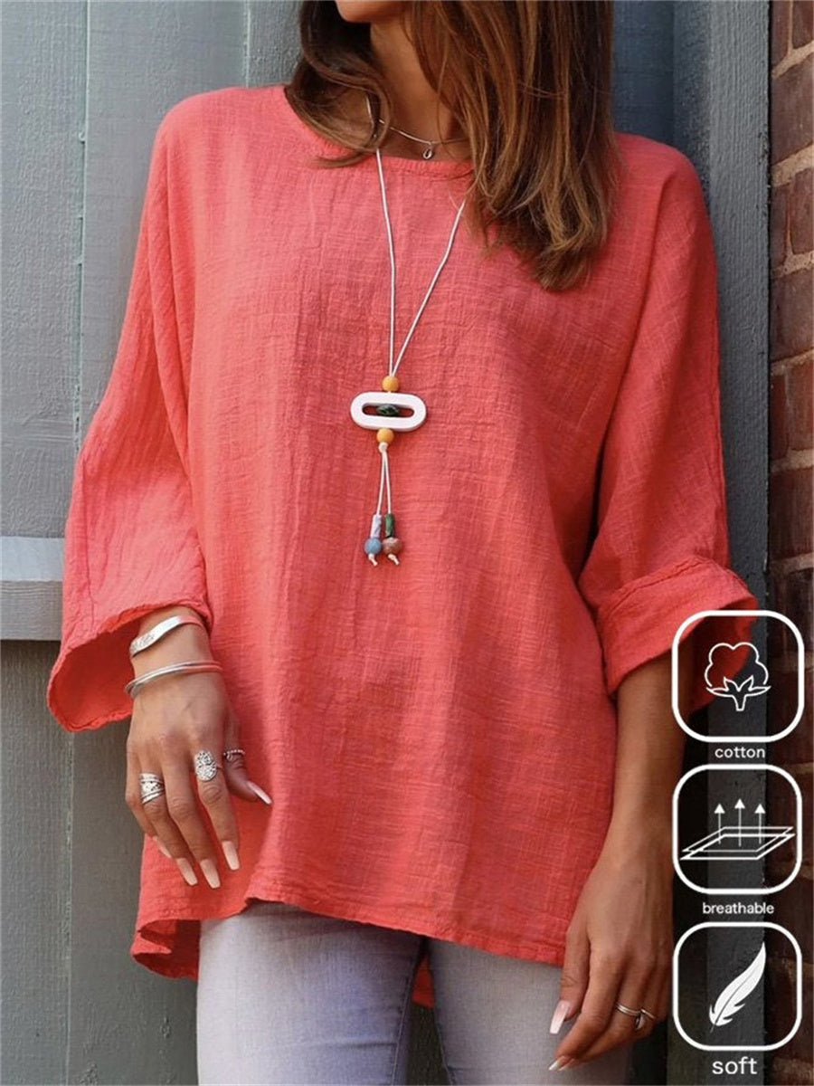 Casual Crew Neck 3/4 Sleeve Plain Blouse