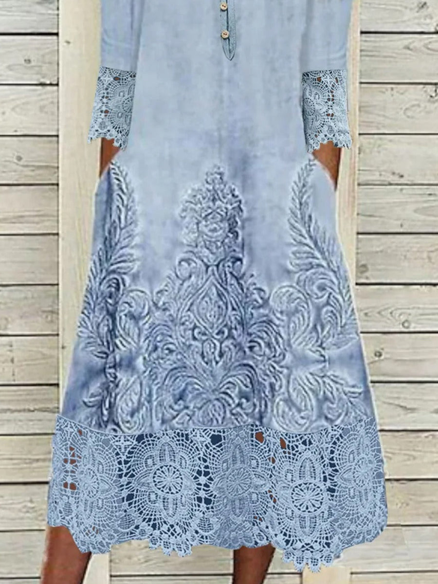 Chic Lace Asymmetrical Printed Midi Dress