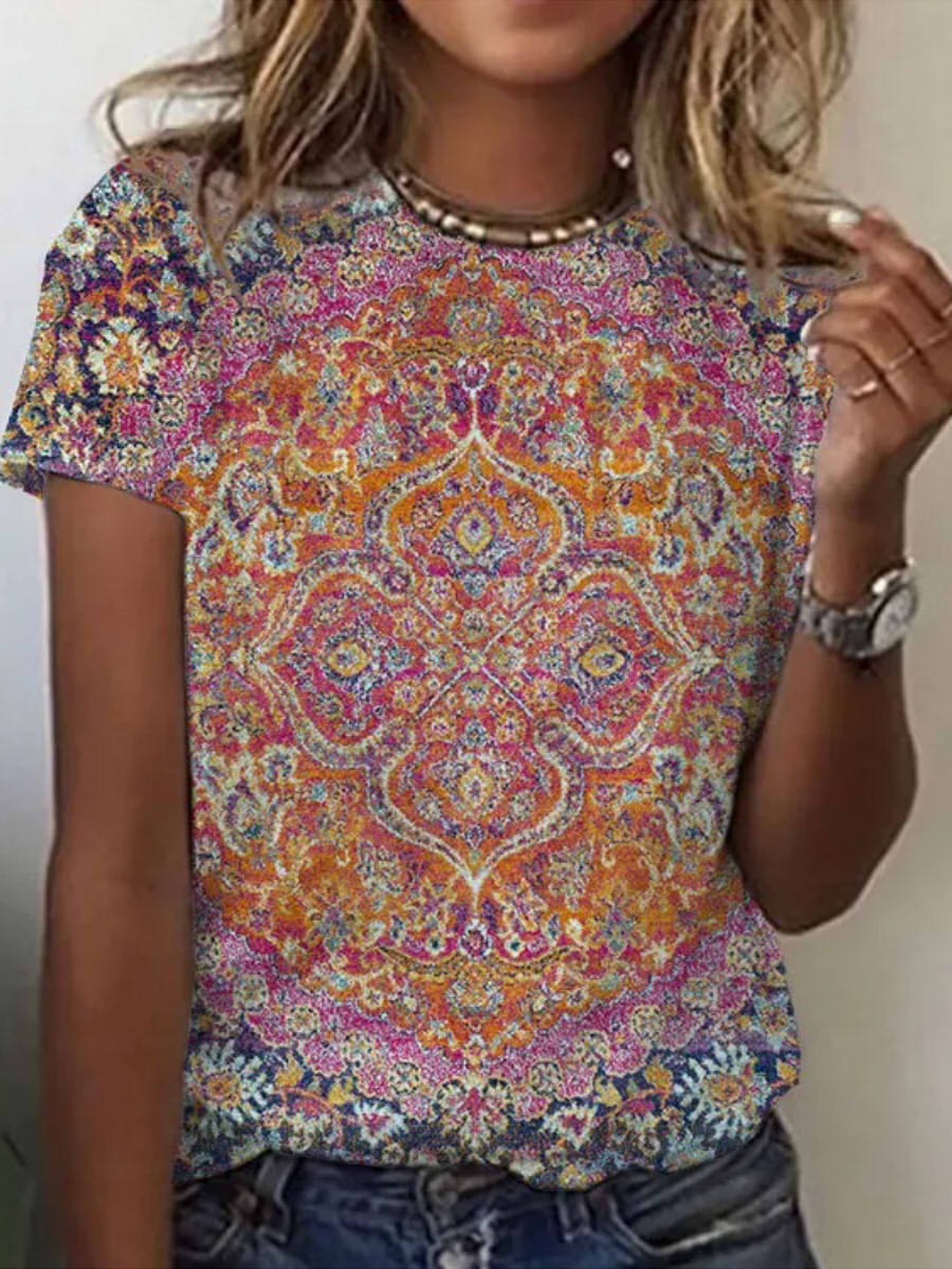 LilyWish Multicolor Casual Round Neck Floral Printed Short Sleeve Blouse
