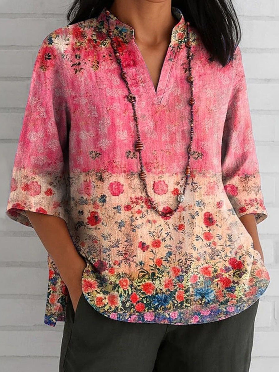 LilyWish Pink V-Neck 3/4 Sleeve Floral Print Top