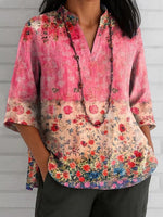 LilyWish Pink V-Neck 3/4 Sleeve Floral Print Top