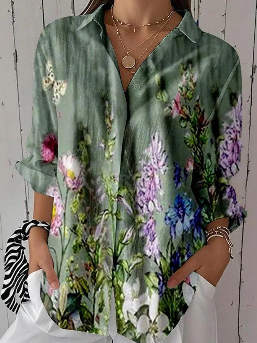 LilyWish Fresh Green Collared Floral Print Long Sleeve Shirt