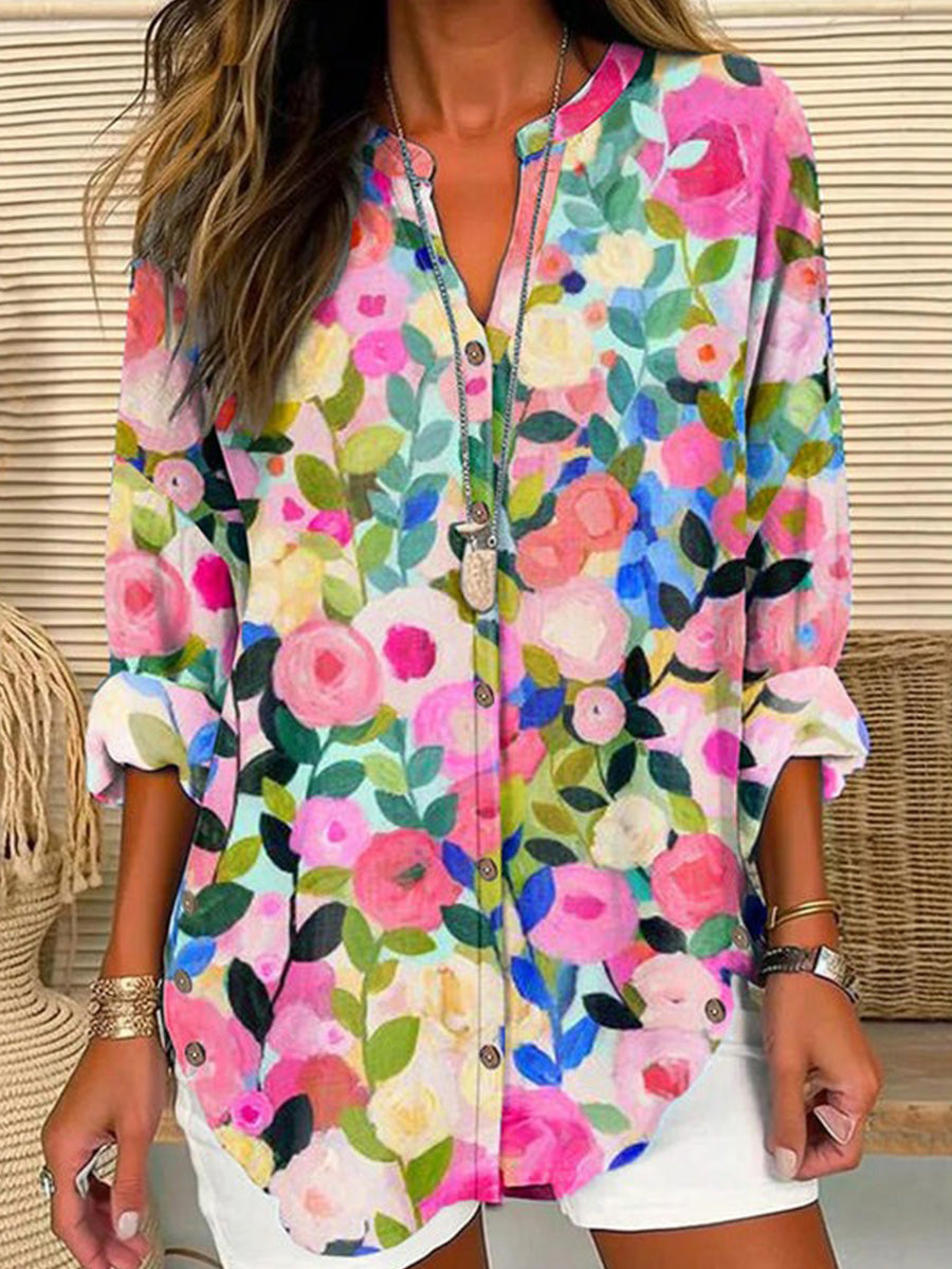 LilyWish Vintage Button Flowers Printed V Neck Blouse