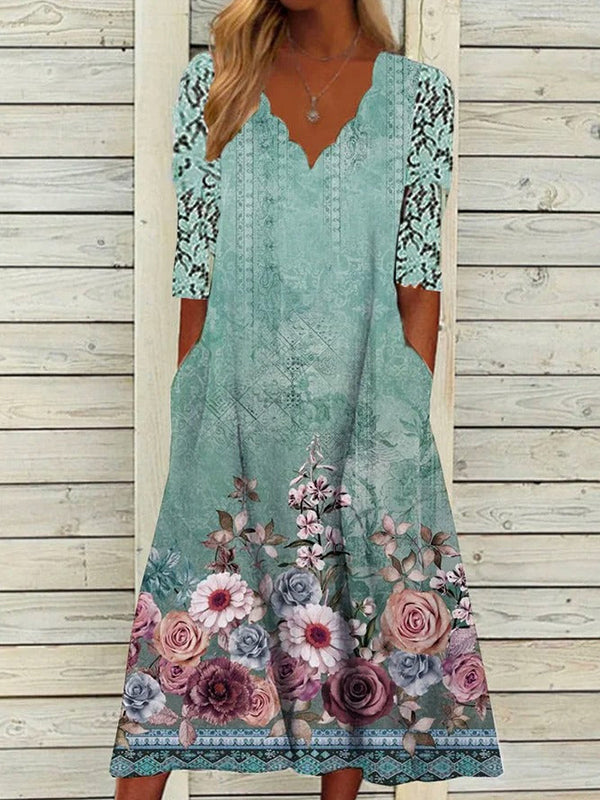 Green Casual V-neck Half Sleeve Floral Printed Hollow Out Dresses