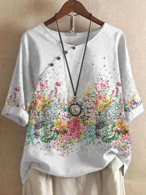 LilyWish White Casual Round Neck Floral Printed Half Sleeve Blouse