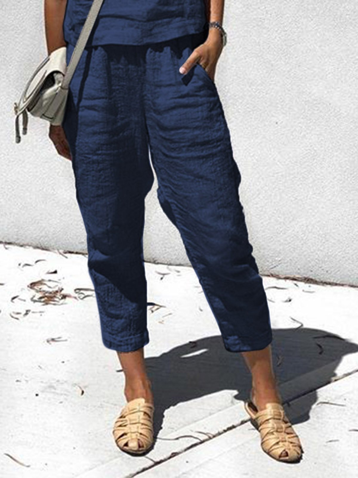 Summer Navy Blue Casual Pants with Pockets