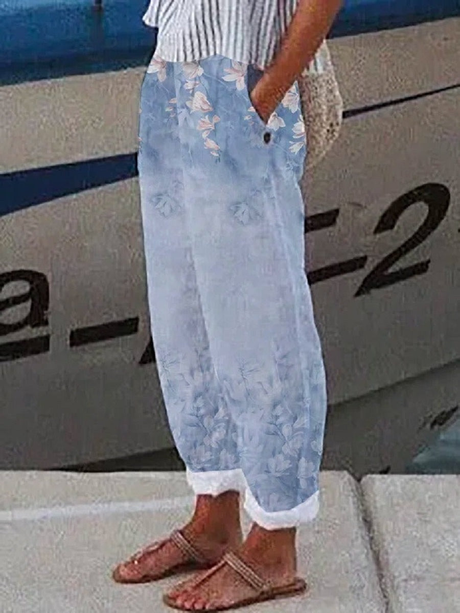Blue Casual Floral Printed Loose Pants