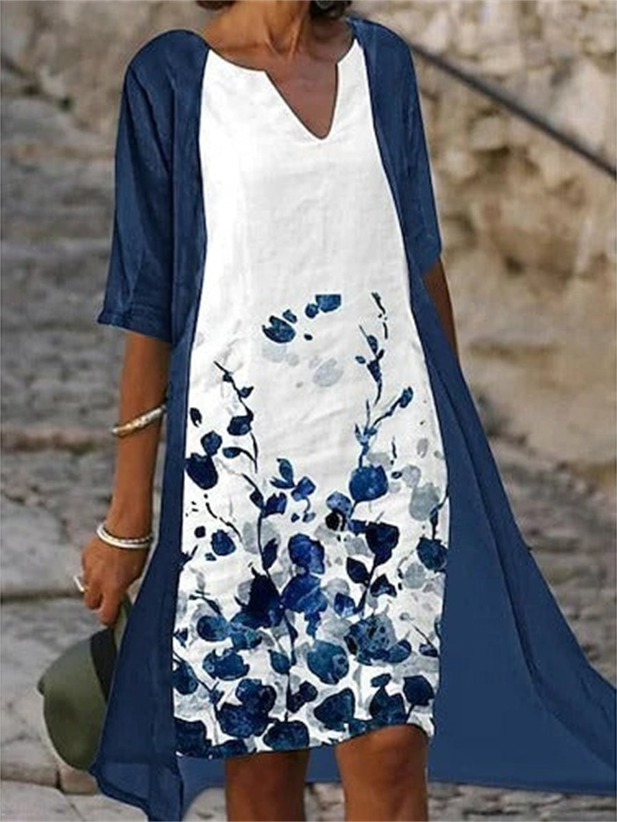 Casual Regular V Neck Floral Two-Piece Midi Dress