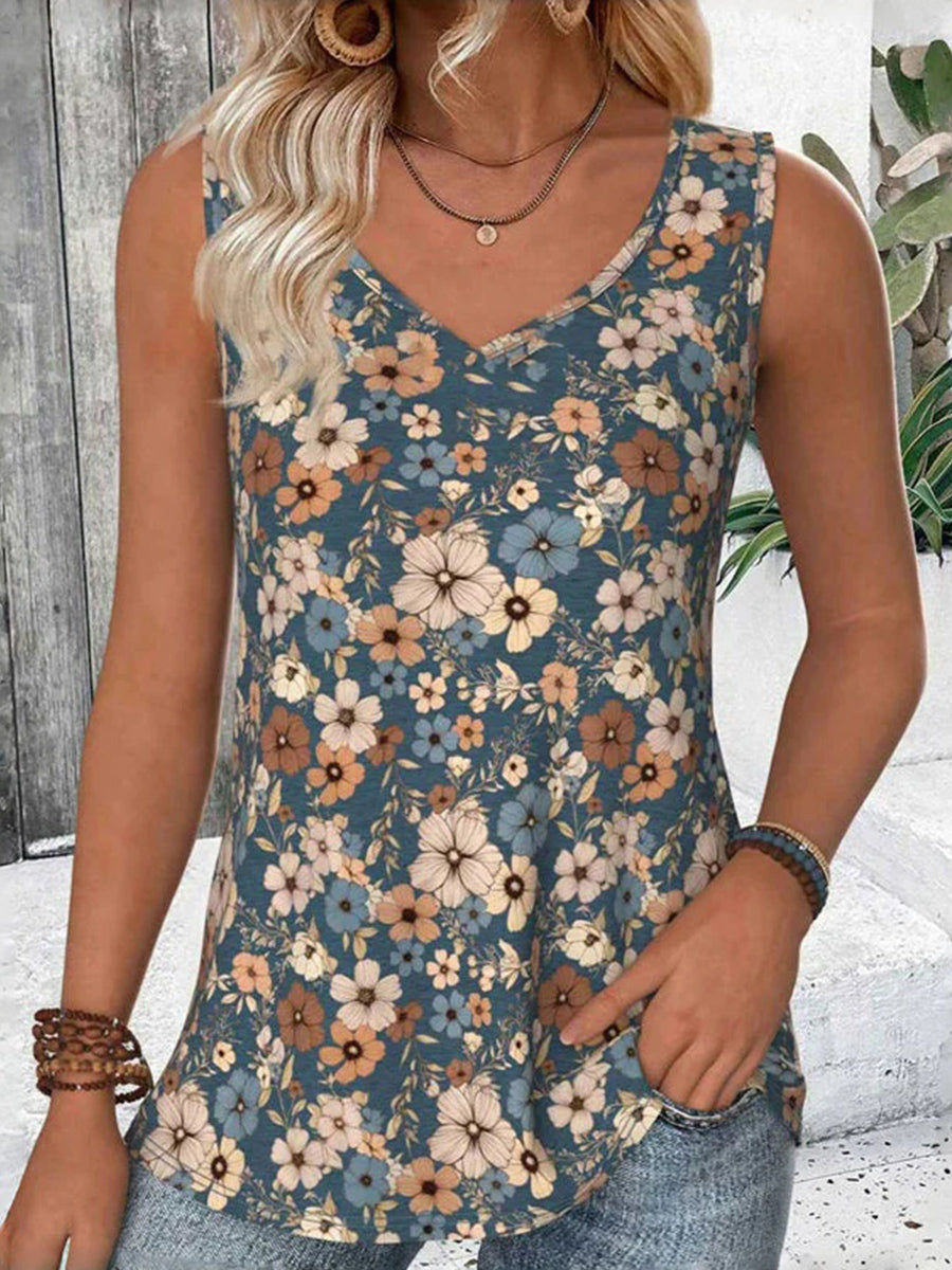 LilyWish Vintage Floral Print V-neck Sleeveless Tank Top