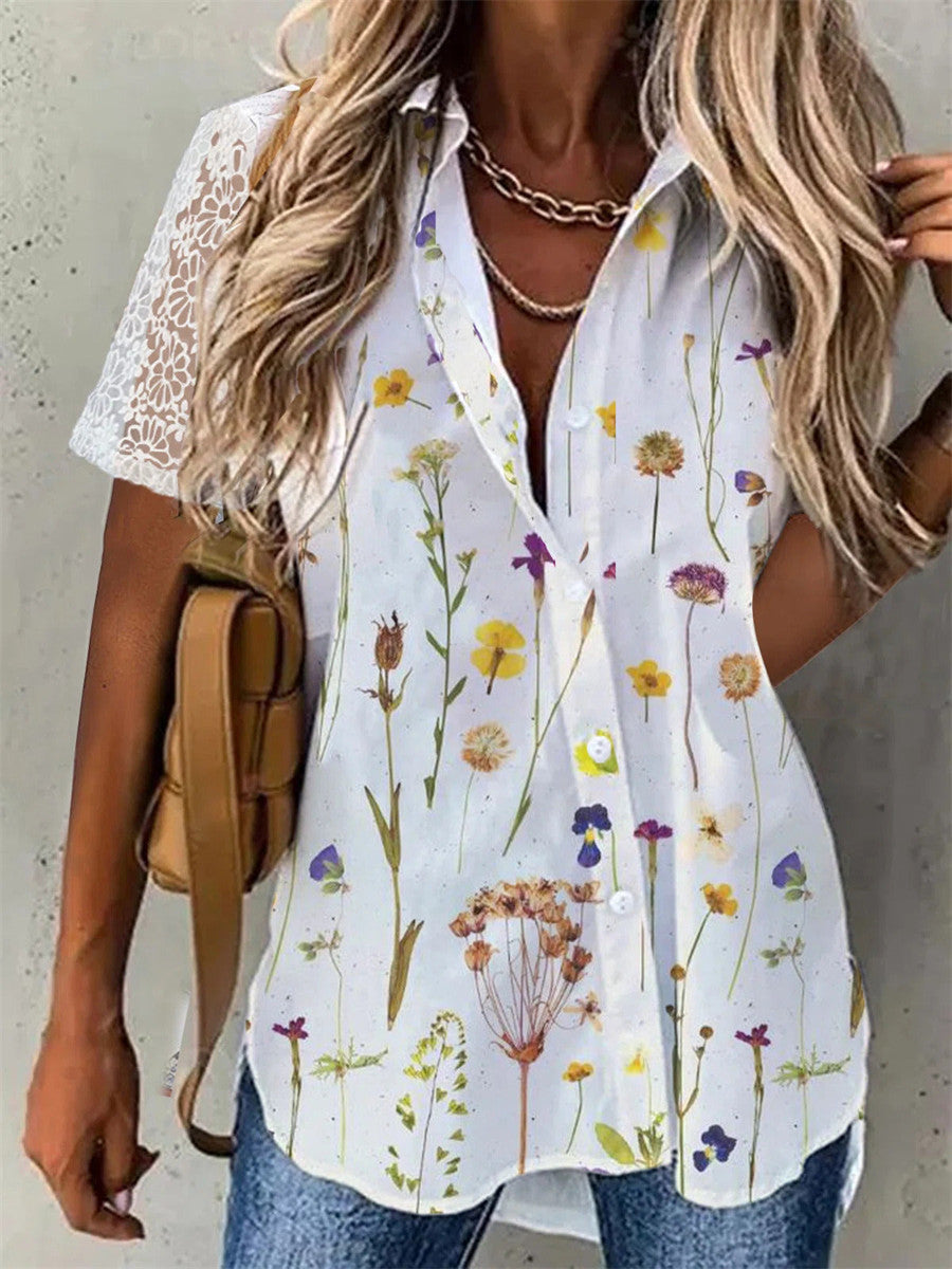 Women’s Wildflower Print Button Front Shirt with Lace Short Sleeves
