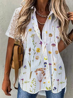 Women’s Wildflower Print Button Front Shirt with Lace Short Sleeves