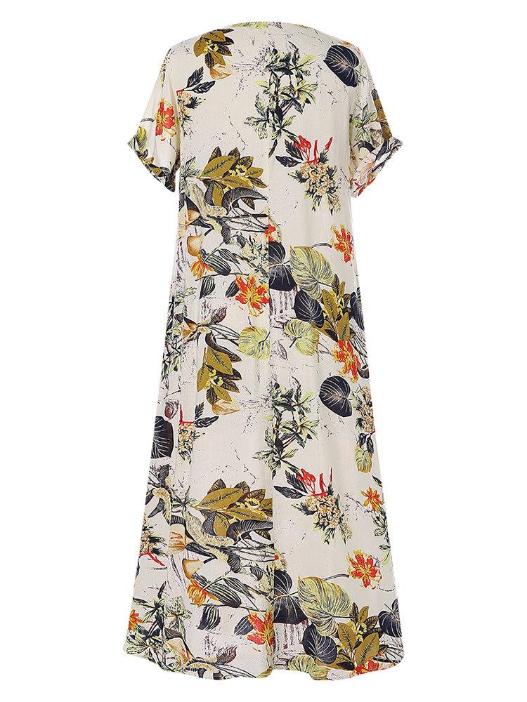 Pleated Leaves Floral Print Vintage Dress