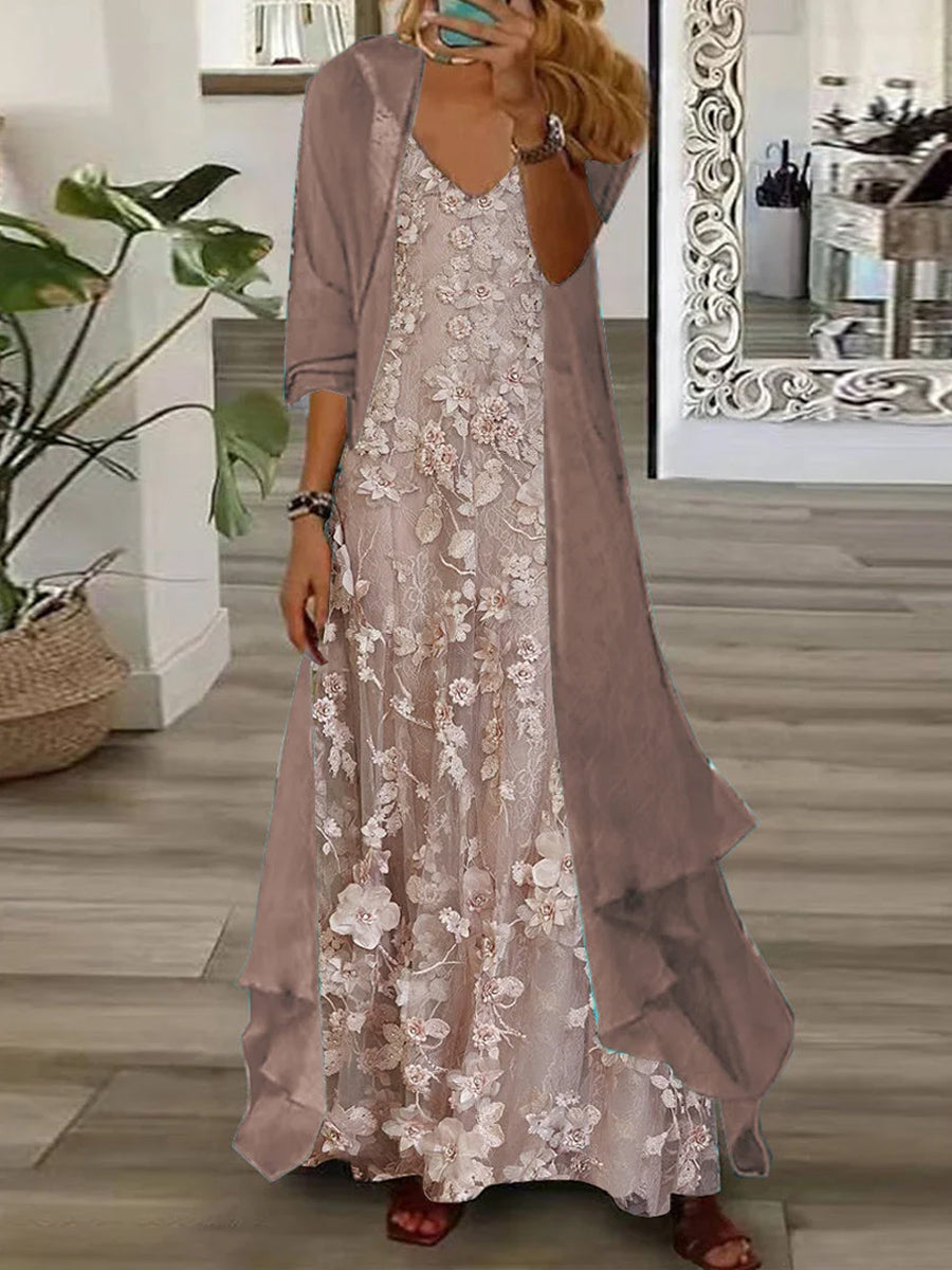 Women's Long Sleeve V-neck Floral Printed Two Pieces Maxi Dress