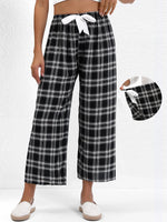 Plaid Drawstring Black Straight Leg Elastic Waist Pants