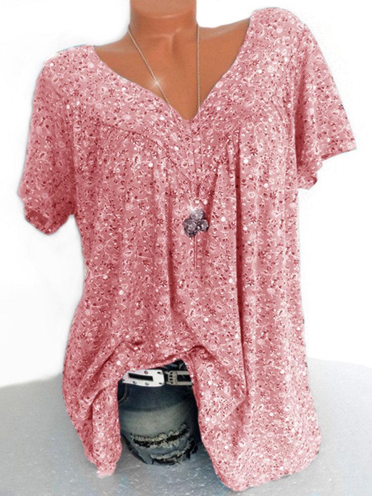 LilyWish Print Floral Short Sleeve V-neck Blouse